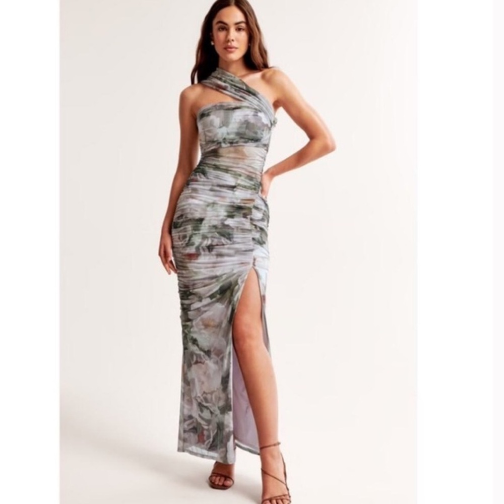 Abercrombie & Fitch One-Shoulder Floral Dress - Green and White